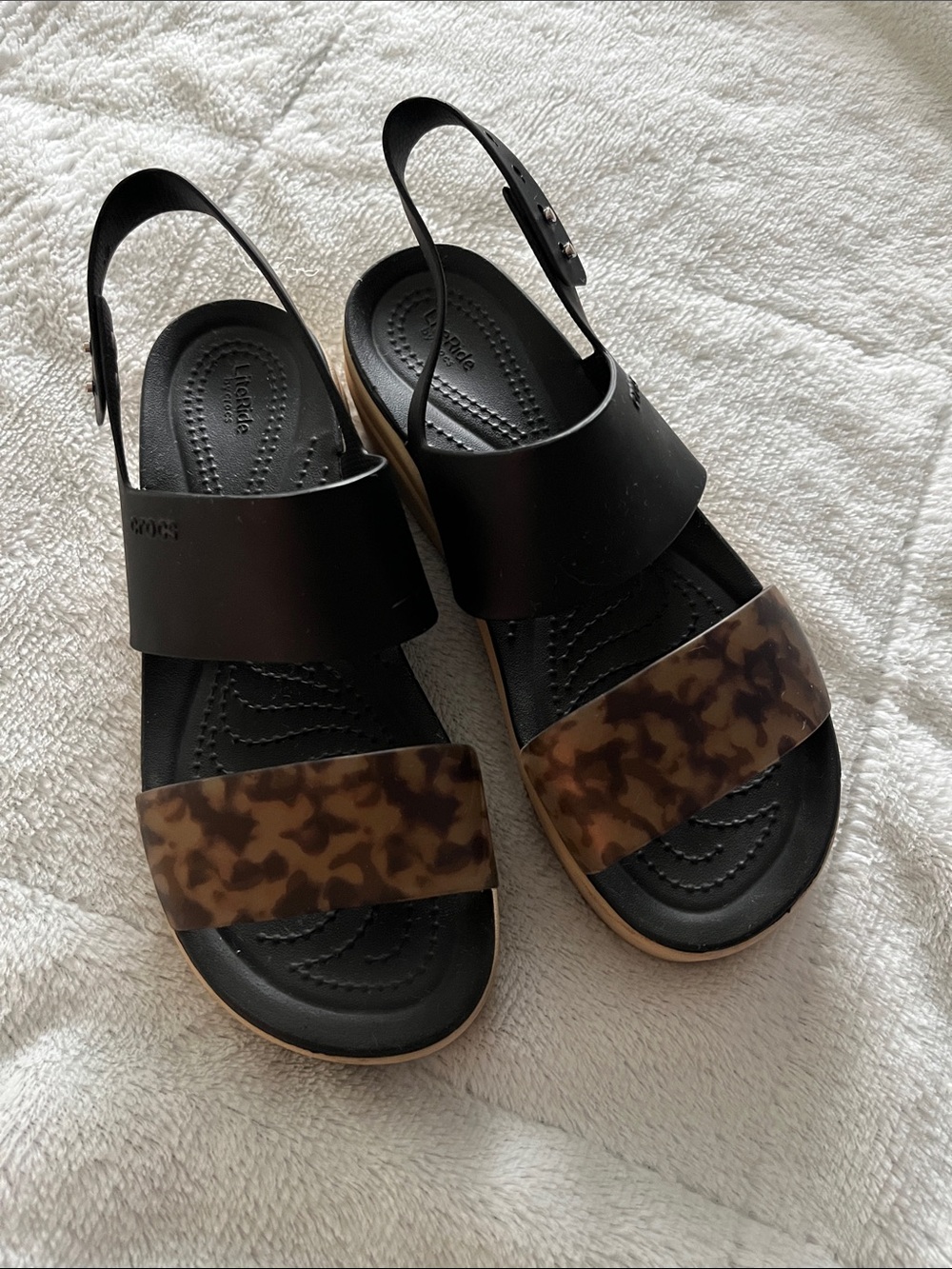 CROCS Black Sandals with Tortoiseshell Front Strap